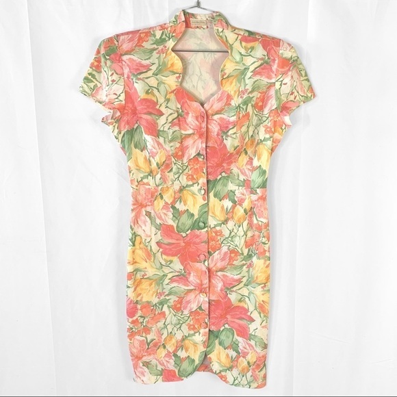 VINTAGE GARDANIA PARIS FLORAL  MULTICOLOUR BUTTON UP DRESS SHORT SLEEVES MEDIUM - Picture 4 of 17